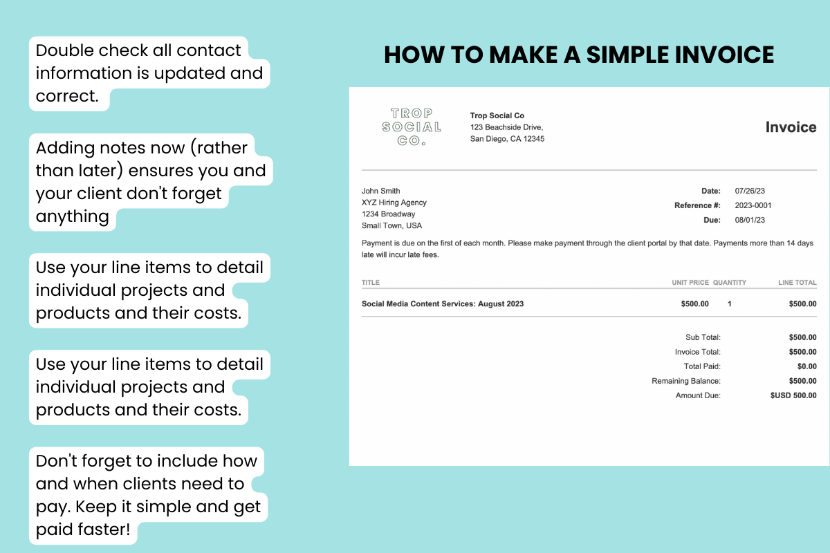 Recommendations for how to make an invoice for your small business that can paid sooner. Keep things organized, include detailed information, and make it quick and easy for clients to pay. 
